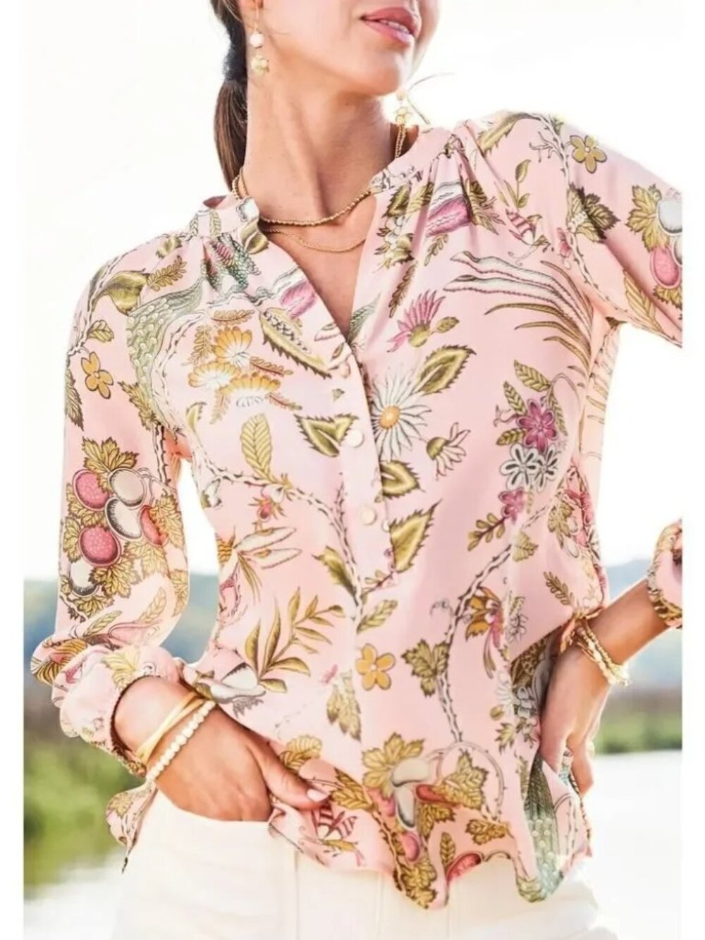 Spartina Pink Floral Cora Silk Popover Blouse Large - Picture 2 of 8
